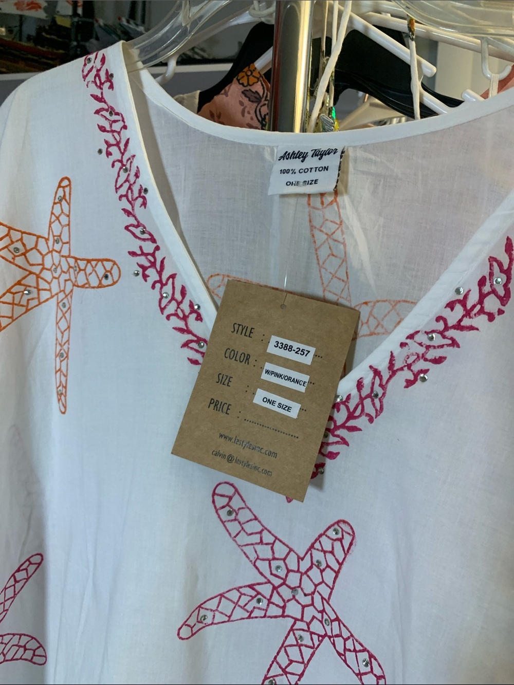 Ashley Taylor White Cotton Tunic with Pink and Orange Starfish Embroidery